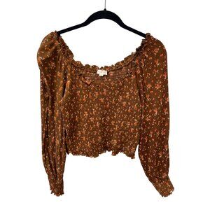 Hem and Thread Floral Smocked Top Women Size M Long Sleeve Brown Bohemian Hippie